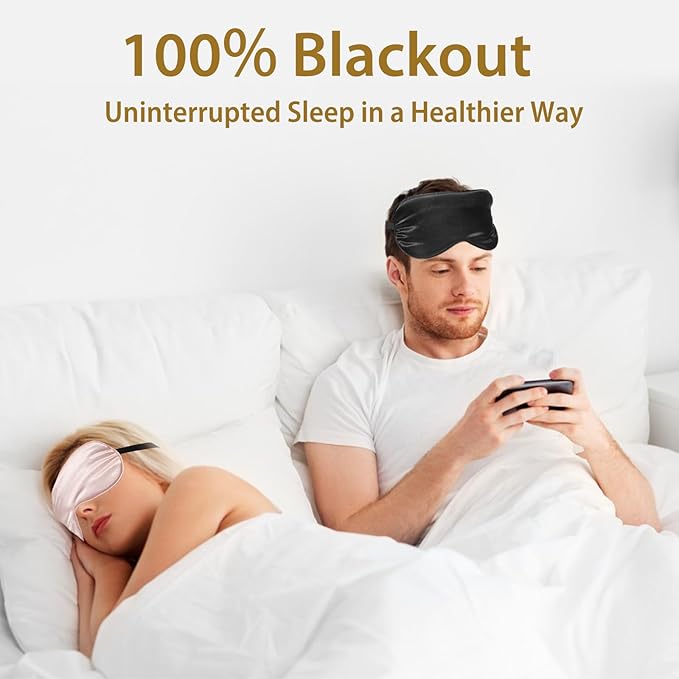 4 Pack Super Soft Silk Sleep Mask - 100% Blackout, Zero Eye Pressure, Blindfold with Adjustable Strap, Travel Eye Covers (Black&Pink&Blue&Light Blue) - Bloomnest