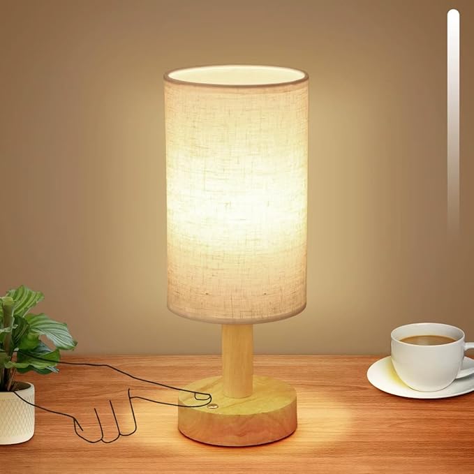 Rechargeable Cordless Touch Table Lamp with Stepless Dimming,Natural Wood Base&Linen Shade,Small Battery Wireless Ambient Night Light for Bedroom,Bedside,Nightstand,Nursery,Kitchen,Camping,Outdoor - Bloomnest