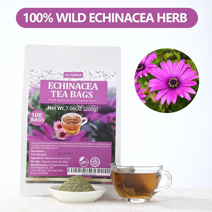 Premium 100 Echinacea Tea Bags, Made with 100% Natural Echinacea Purpurea Flower & Herb, Aid Digestion & Boost Immunity, No Additives & Caffeine Free. - Bloomnest