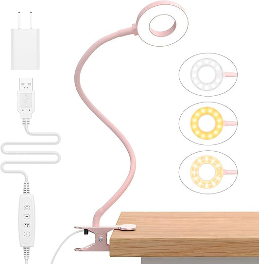 iZELL Desk Lamp, [3 Color Modes & 10 Brightness] LED Reading Light with Clamp, Flexible Gooseneck Book Light for Kids Reading Book in Bed at Night Clip on Table, Headboard, Dorm - 15.8‘’ Pink - Bloomnest