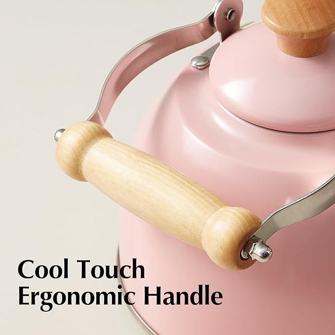 ROCKURWOK Tea Kettle, Tea Pot with Cool Touch Ergonomic Handle, Teapot Food Grade Stainless Steel, Tea Kettle Stovetop, Kettle Teapot, Whistling Tea Kettles, Small Tea Pot, 1.6 Quart (Pink) - Bloomnest