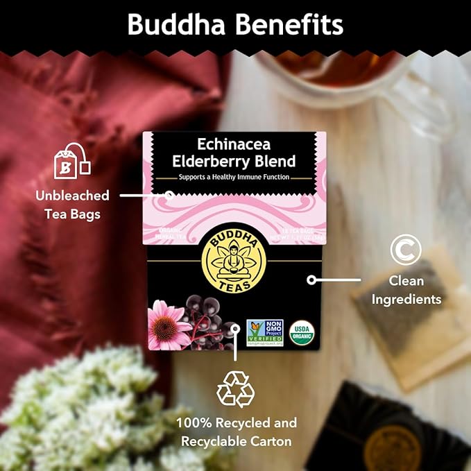Buddha Teas - Organic Echinacea Elderberry Blend - Herbal Tea - For Health & Wellbeing - With Antioxidants & Minerals - Clean Ingredients - No Caffeine - OU Kosher & Non-GMO - 18 Tea Bags (Pack of 1) - Bloomnest