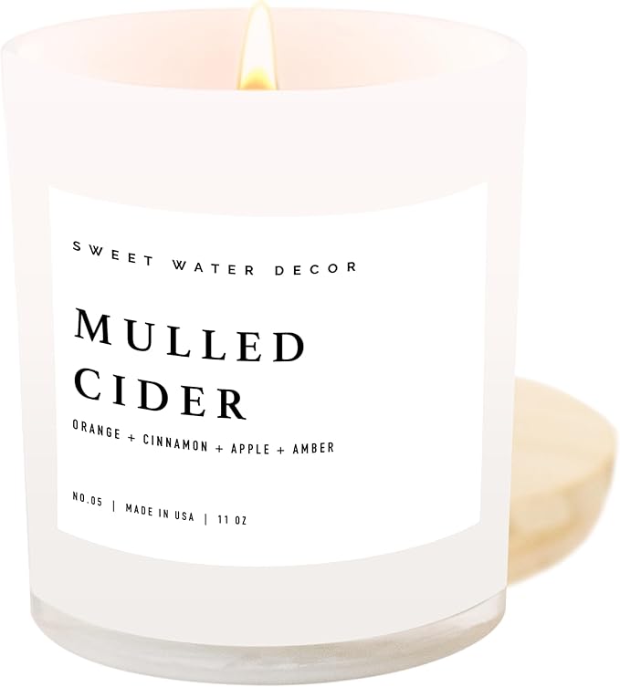 Sweet Water Decor Mulled Cider Soy Candle | Orange | Lemon | Cinnamon | Cranberry | Apple | Cedar | Amber Scented Candle for Home | 11oz White Jar Candle, 50+ Hour Burn Time, Made in The USA - Bloomnest