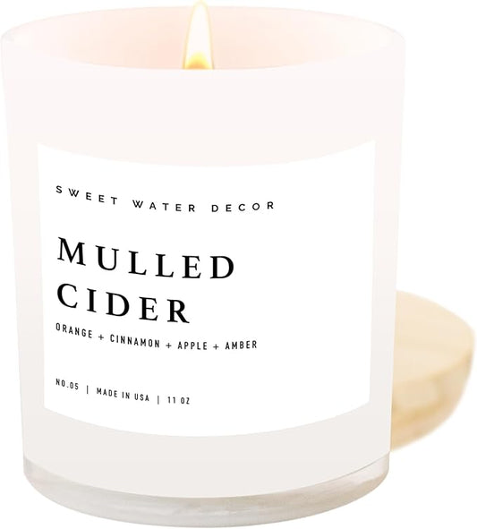Sweet Water Decor Mulled Cider Soy Candle | Orange | Lemon | Cinnamon | Cranberry | Apple | Cedar | Amber Scented Candle for Home | 11oz White Jar Candle, 50+ Hour Burn Time, Made in The USA - Bloomnest