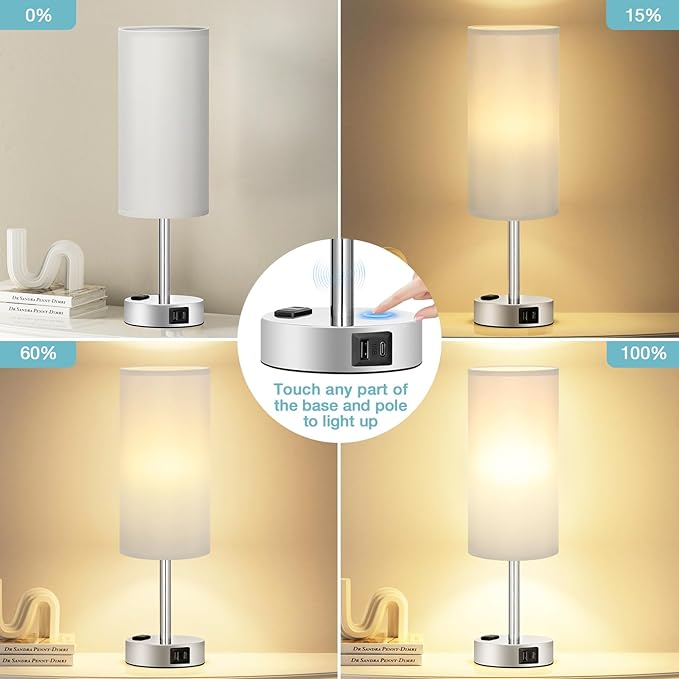 Fenmzee Light Grey Table Lamp for Nightstand - 3 Way Dimmable Touch Bedside Lamp USB C and A Charging Ports and AC Outlet, Small Desk Lamp with Silver Base for Office Nursery, LED Bulb Included - Bloomnest