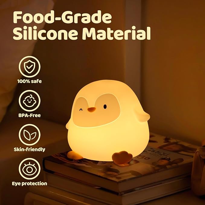 Penguin Silicone Night Light for Kids - Squishy LED Lamp with Soft Touch, USB Rechargeable & Long Battery - Cute Winter Animal Decor for Nursery & Gifts - Bloomnest
