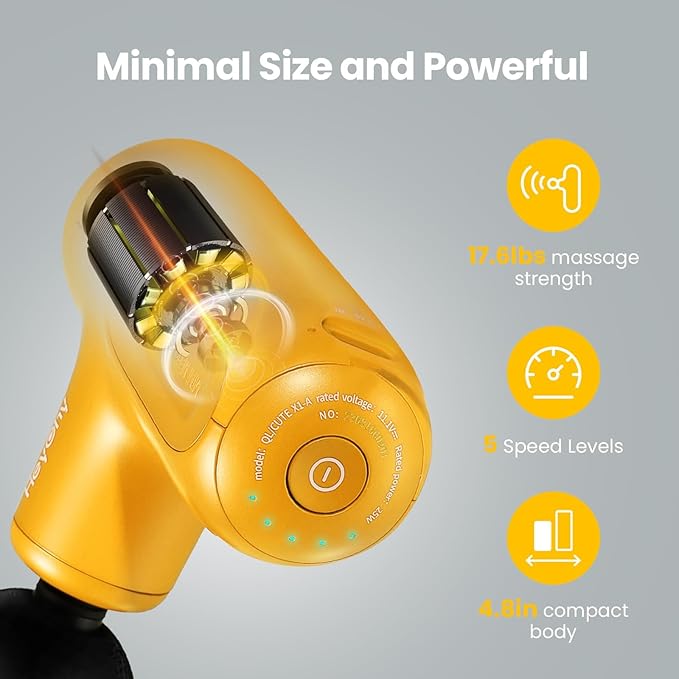 Mini Massage Gun Deep Tissue, Handheld Portable Mini Travel Size Percussion Deep Tissue Massager with 4 Attachments & 5 Speeds, Ideal Gift for Men & Women, Yellow - Bloomnest