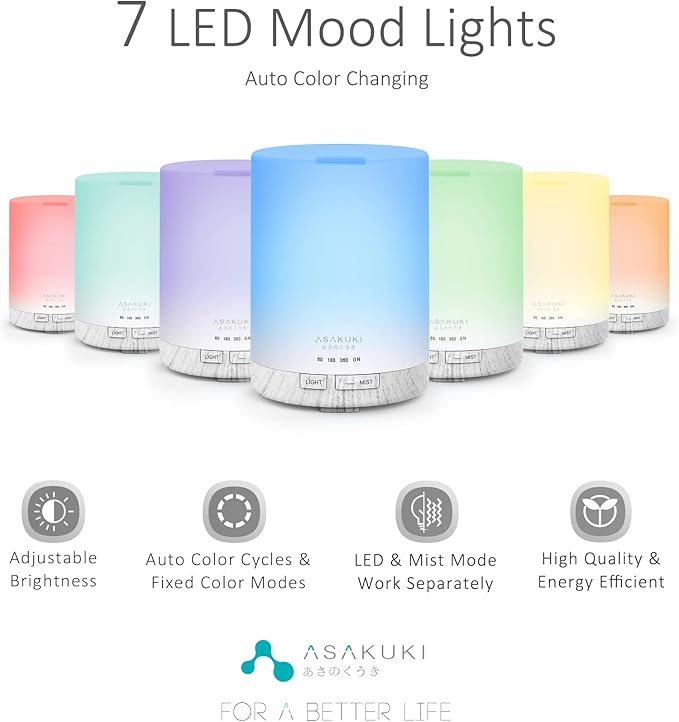 ASAKUKI 300ML Essential Oil Diffuser, Quiet 5-in-1 Premium Humidifier, Home Fragrance Aroma Diffuser with 7 LED Color Changing Light and Auto-Off Switch -White - Bloomnest