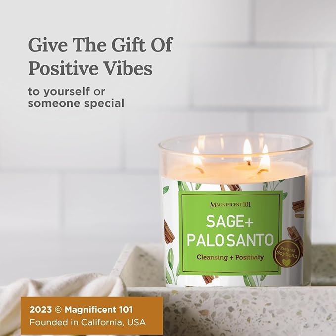 MAGNIFICENT 101 Sage & Palo Santo Candle - 14 Oz - 56 Hr Burn Time - Soy Wax Smudge Candle for Negative Energy Cleansing & Manifestation Magnificent101