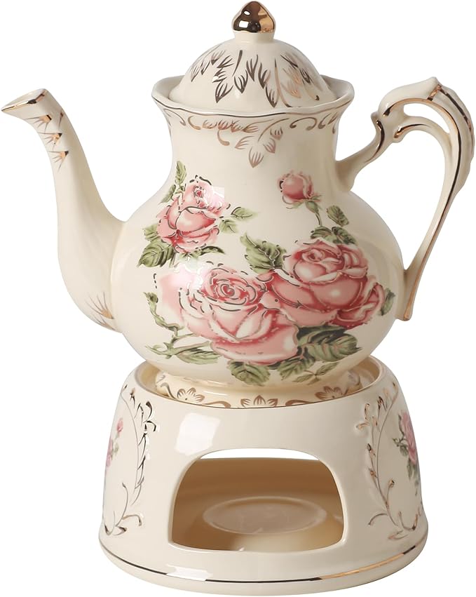 Vintage Ceramic Tea Pot, Heatable with Warmer, Decor for Party, Camping or Wedding, 25 oz/ 2 Cup, White with Pink Roses & Gold Trim - Bloomnest