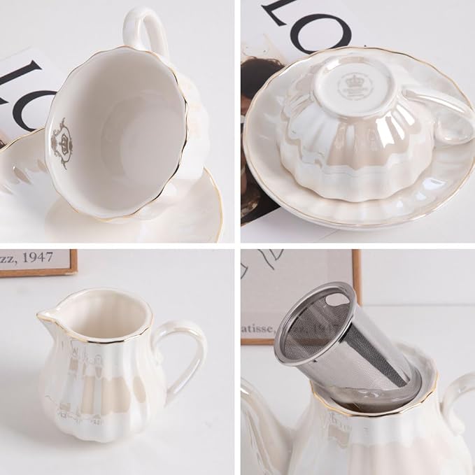 Porcelain Tea Sets British Royal Series, 8 OZ Cups& Saucer Service for 6, with Teapot Sugar Bowl Cream Pitcher Teaspoons and tea strainer for Tea/Coffee (Coral White) - Bloomnest