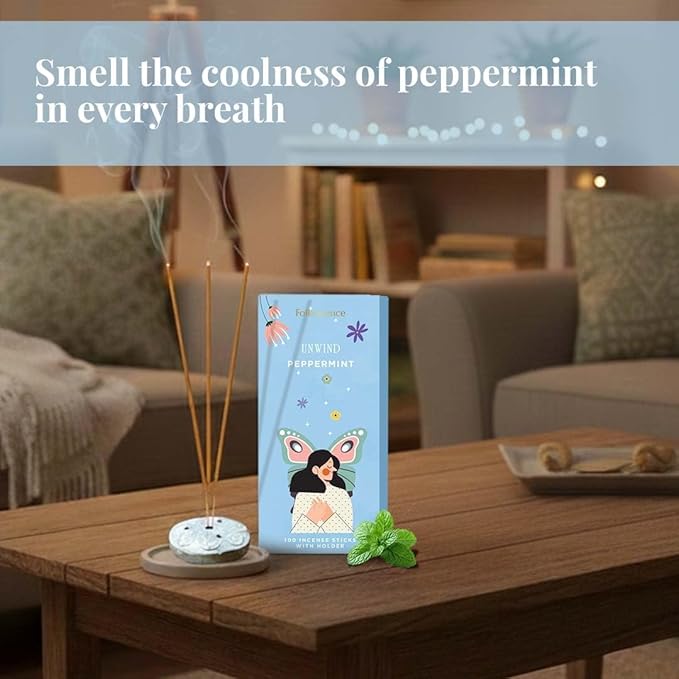 Folkulture Incense Sticks with Holder (100 Sticks)| Peppermint Incents Stick for Focus,Aromatherapy, Relaxation Gifts for Women | No Charcoal,Organic,Non Toxic, 45 Mins, Slow Burning Insence-Sticks FOLKULTURE