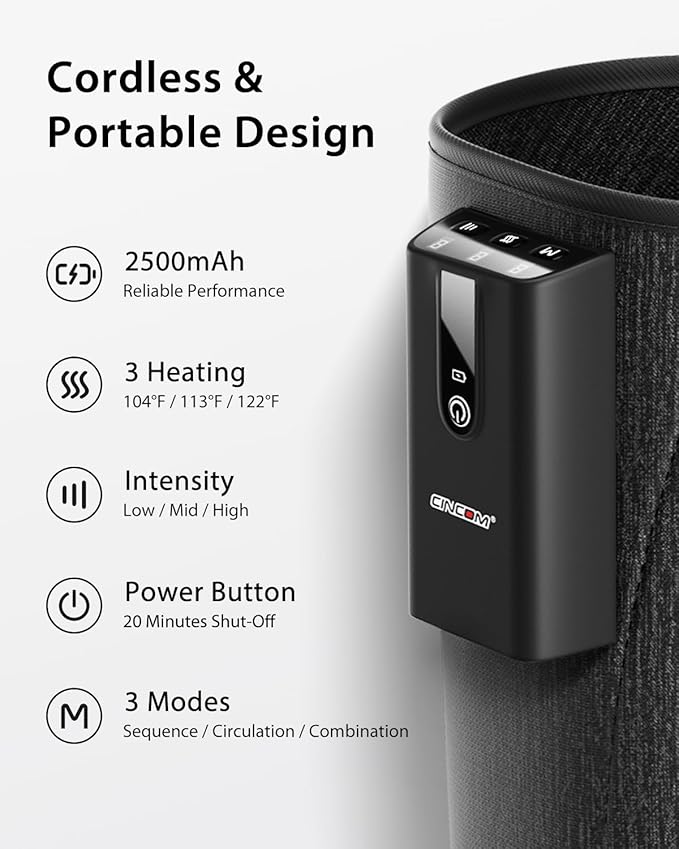 CINCOM Leg Massager with Heat and Air Compression, Cordless Calf Massager for Circulation and Pain Relief, Rechargeable Leg Compression for Edema Relief - Bloomnest