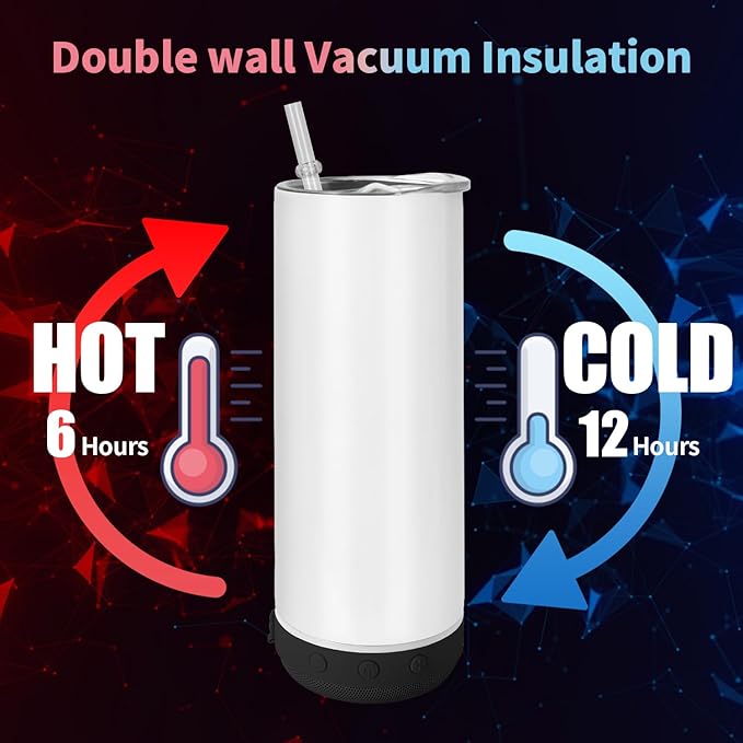 AGH 25 Pack Music Speaker Straw Cup, 20 Oz Skinny Stainless Steel Double Wall Tumbler Blanks, Speaker Tumbler Cup with Detachable LED Light, Suitable for DIY Gifts (Black) - Bloomnest