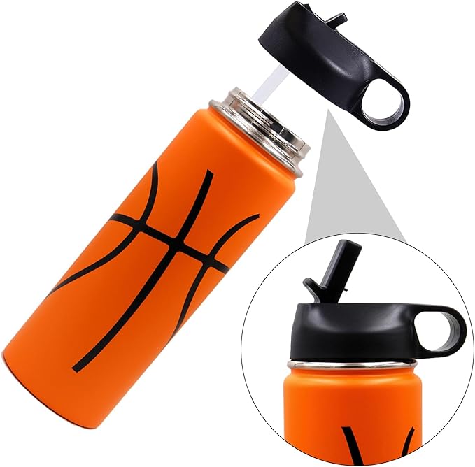 22 oz Basketball Water Bottle, Sports Flask Metal Travel Tumbler with 2 Lids, Stainless Steel Double Wall Vacuum Insulated Thermo Water bottles, Basketball Accessories Stuff Gifts for Mom Boys Girls - Bloomnest