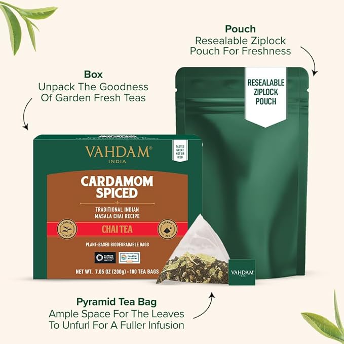 VAHDAM, Cardamom Masala Chai Tea Bags (100 Count) Non GMO, Gluten Free, No Artificial Flavor | Blended w/Exotic Spices | Chai Tea | Resealable Ziplock Pouch - Bloomnest