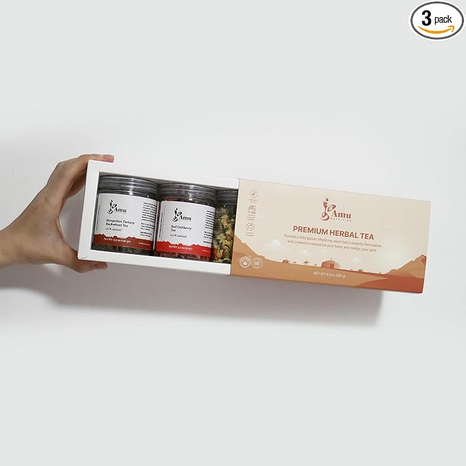 [ Amu Nutrition Tea ] Goji berry Tartary Buckwheat Chamomile (Chrysanthemum) Tea - A Collection of Three Authentic Mongolian Tea Gift sets- Organic Loose Leaf tea - Net Weight 9.2oz 苦荞麦 | 枸杞 | 菊花茶 - Bloomnest