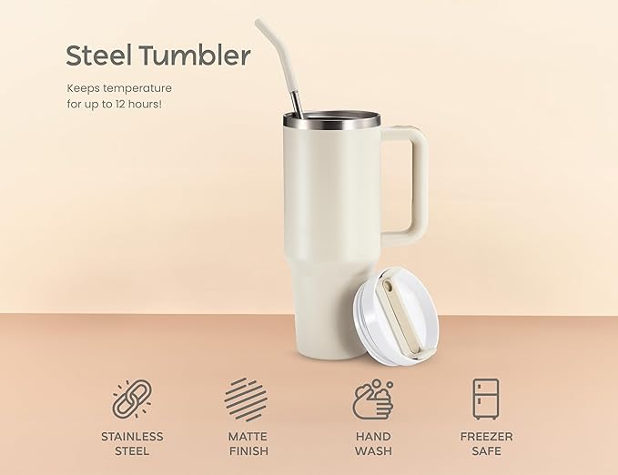 KooK Tumbler with Straw and Handle, 40 Oz, Stainless Steel, Vacuum Insulated Travel Coffee Mug, Reusable Double Walled Water Bottle, Keeps Hot or Cold (Antique White) - Bloomnest