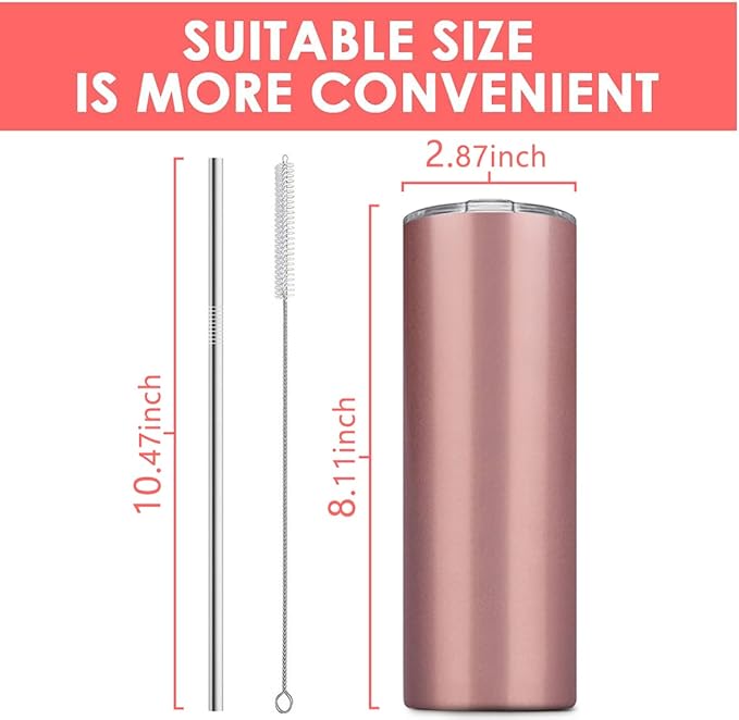 8 Pack Stainless Steel Skinny Tumbler, 20 OZ Double-Insulated Water Tumbler Cup with 8 Straw and 4 Brush, Vacuum Travel Mug Gift for Hot Cold Drinks with Cleaning(Assorted Colors) - Bloomnest