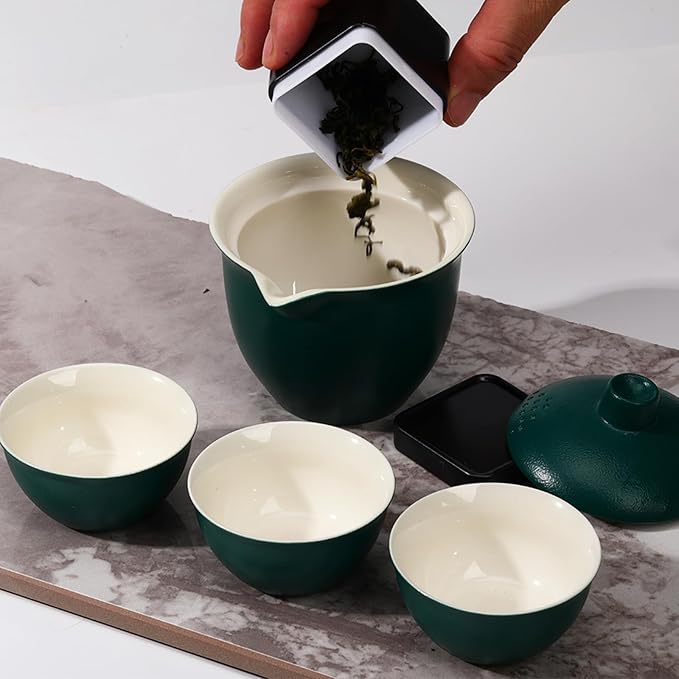 Porcelain Chinese Gongfu Tea Sets for Adults Portable Kungfu Teapot and Cup Set Small Ceramic Tea Party Set Travel Teaset with Lid for Home Gifting Outdoor and Office (Green) - Bloomnest