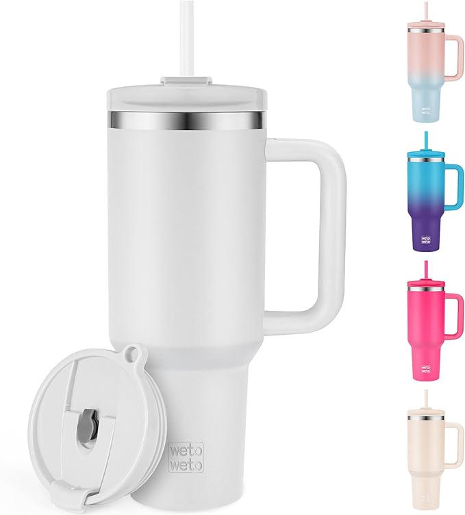 WETOWETO 40oz Tumbler with Handle and Lid | 100% Leakproof Insulated Stainless Steel Travel Mug | Keeps Cold 34Hrs/Hot 10Hrs | Dishwasher Safe, Fits Car Cup Holder (Foggy Color) - Bloomnest