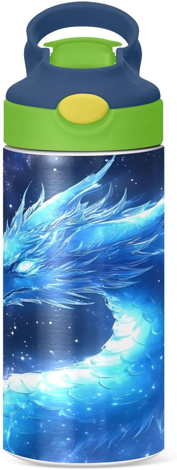 Dragon Blue Galaxy Kids Water Bottle with Straw Lid Insulated Tumbler with Handle Stainless Steel Reusable Toddlers Cup for Kids Boys 12 oz - Bloomnest
