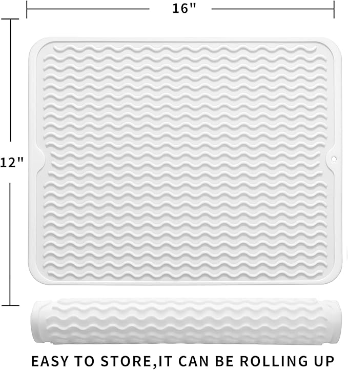 Silicone Dish Drying Mat for Multiple Usage,Easy clean,Eco-friendly,Heat-resistant Silicone Mat for Kitchen Counter or Sink,Refrigerator or drawer liner White L 16 inches x 12 inches - Bloomnest