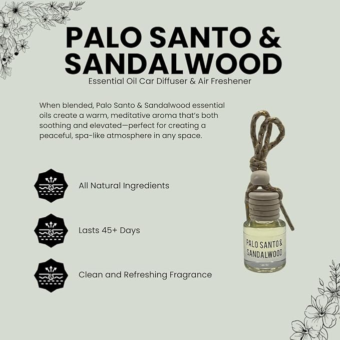 Palo Santo & Sandalwood (Santal) Hanging Car Air Freshener – Long Lasting Essential Oil Diffuser for Car, Closet, Bathroom – 2-Pack Natural Scent Deodorizer for men and women - Bloomnest