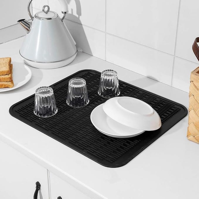Silicone Dish Drying Mat for Multiple Usage,Easy clean,Eco-friendly,Heat-resistant Silicone Mat for Kitchen Counter or Sink,Refrigerator or Drawer Liner Black XL 18 inches x 16 inches - Bloomnest