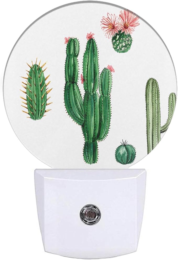 EKOBLA Plug in Cactus Night Light Exotic Cactus Pink Flower Desert Plant Green Night Lights Plug into Wall Round Lamp for Girls Boys Bedroom Bathroom Led Wall Decor - Bloomnest