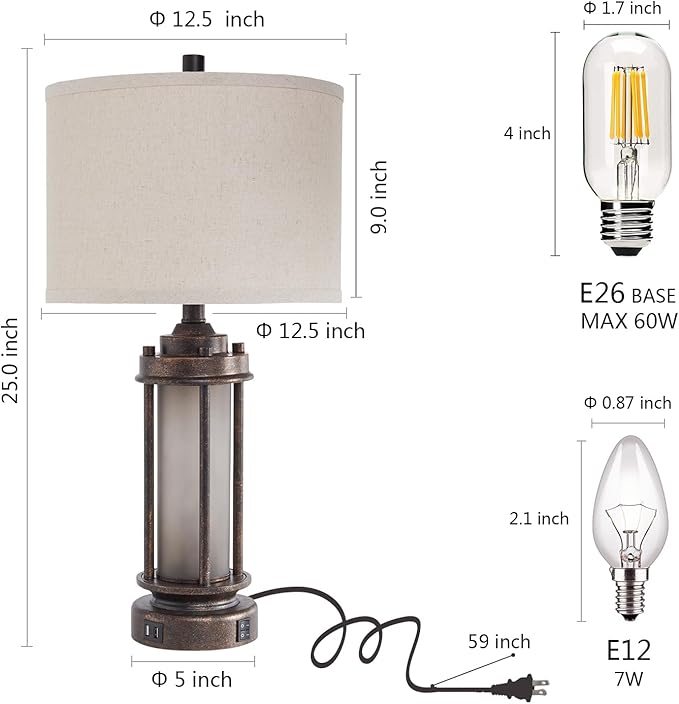 25'' Farmhouse Table Lamp with 2 USB Charging Ports, Rustic Vintage Nightstand Lamp with Frosted Glass Nightlight, Retro Desk Lamp for Living Room Bedroom End Table Entryway, 2 Bulbs Included - Bloomnest