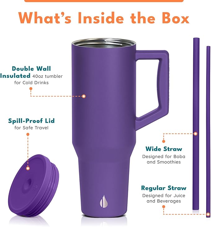 Elemental 40 oz Tumbler with Handle and Straw - Spill Proof Insulated Stainless Steel Commuter for Hot and Cold Beverages - Travel Coffee Mug with 2 Straws & Spill Proof Lid - 40oz - Purple - Bloomnest
