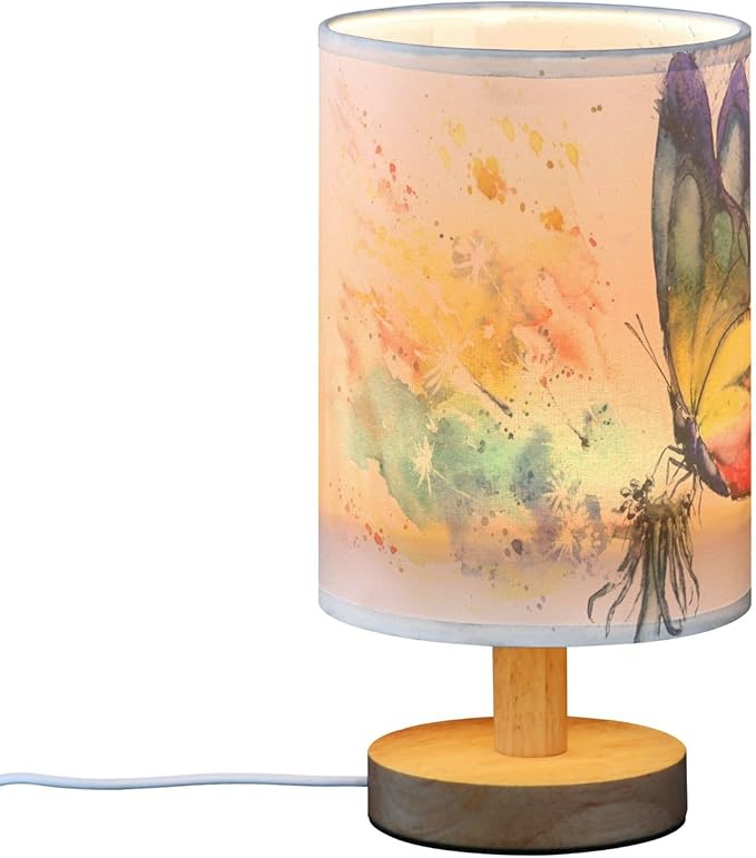 Table Lamp Paint Butterfly Dandelion Nightstand Lamp with Wood Base Fabric Lamp Shade Bedside Desk Lamp for Living Room Bedroom Kids Room Office - Bloomnest