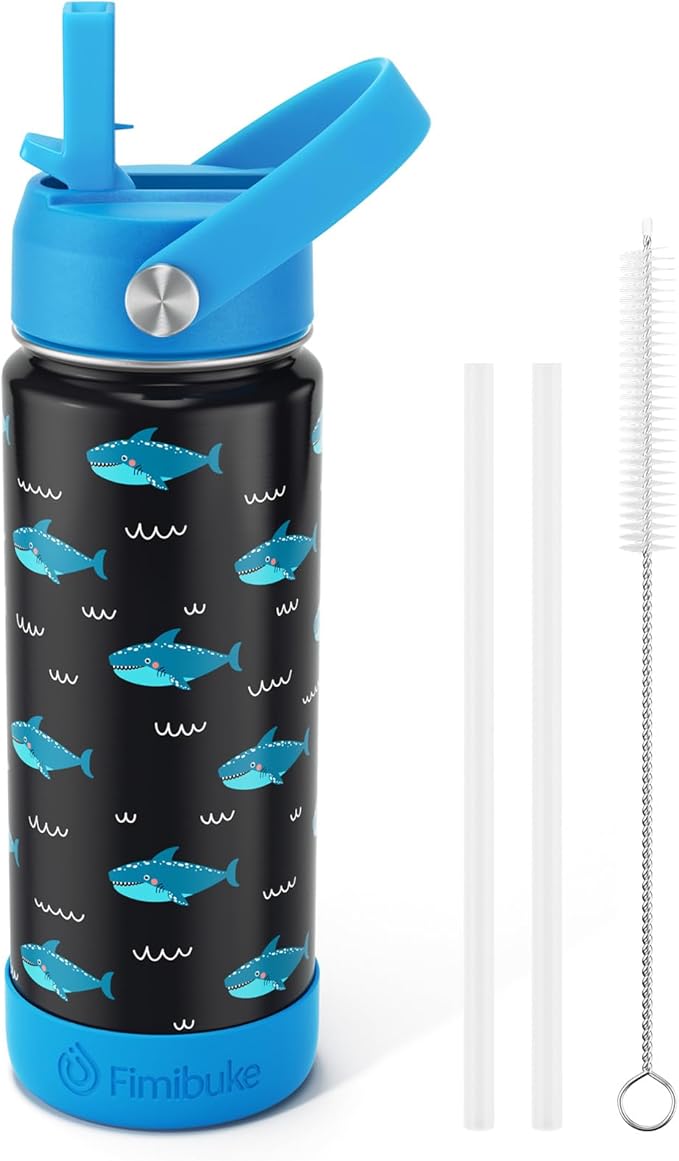 Fimibuke Kids Insulated Water Bottle, 18oz BPA FREE 18/8 Stainless Steel Kids Cup with Straw Travel Tumbler Double Wall Vacuum Leak Proof Toddler Water Bottle for School Boys Girls(1 Pack, Shark) - Bloomnest