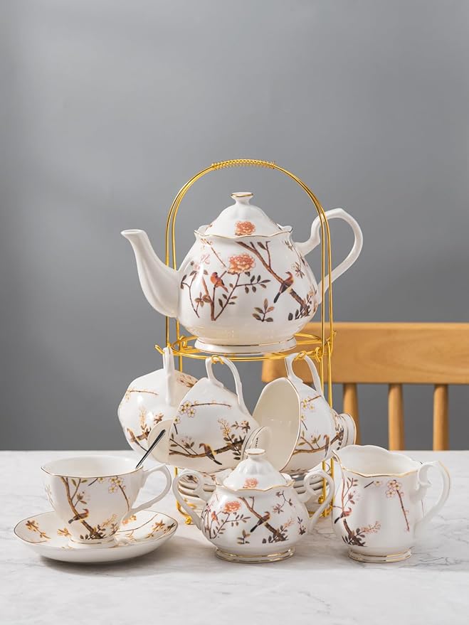 Jusalpha Fine China Bird Tree Pattern Coffee Cup/Teacup Set, 8 OZ Cups& Saucer Service for 4, with Teapot-Sugar Bowl-Cream Pitcher Teaspoons and tea strainer for Tea/Coffee, 17-Pieces (Bird Tree) - Bloomnest
