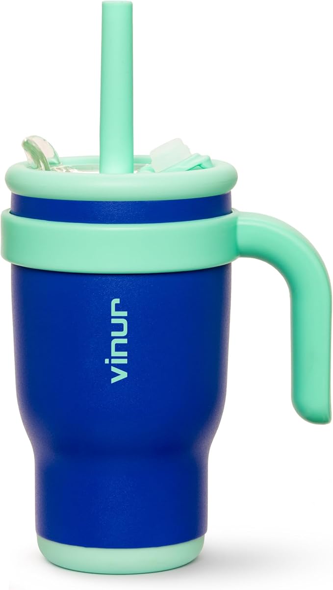 VINUR Kids Insulated Tumbler with Handle 14 oz Stainless Steel Double Wall Vacuum Travel Water Drink Cup with Lid and Straw (Navy) - Bloomnest