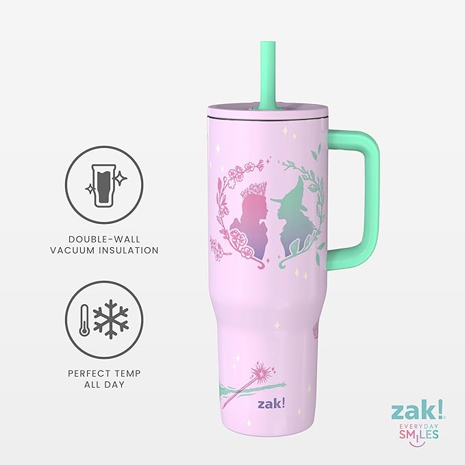 Zak Designs Wicked: For Good Sutton Travel Tumbler for On the Go, 30oz Stainless Steel with Vacuum Insulation, Silicone Straw, and Carry Handle for Cold Drinks (Glinda and Elphaba) - Bloomnest