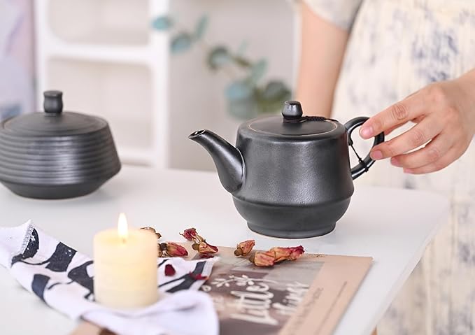 Rural Style Ceramic Teapot with Stainless Steel Infuser 16 Ounces Porcelain Blooming & Loose Leaf Teapot (Black)