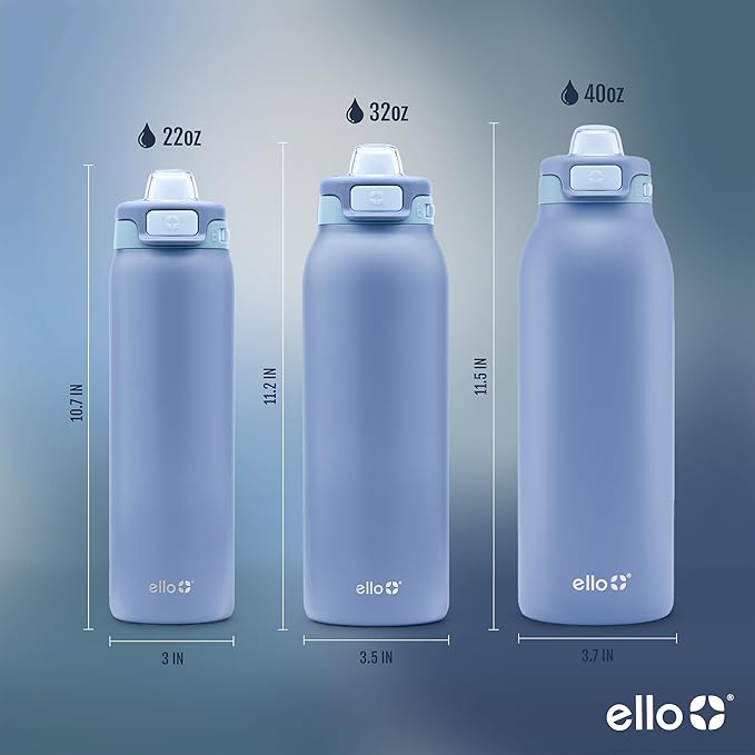 Ello Pop & Fill Insulated Stainless Steel Water Bottle with Quick Fill Lid, Leakproof Locking, Sip or Chug Spout, BPA-Free, Double Wall Vacuum Insulated for Sports, Travel & School- 22oz / 32oz / 40oz Ello