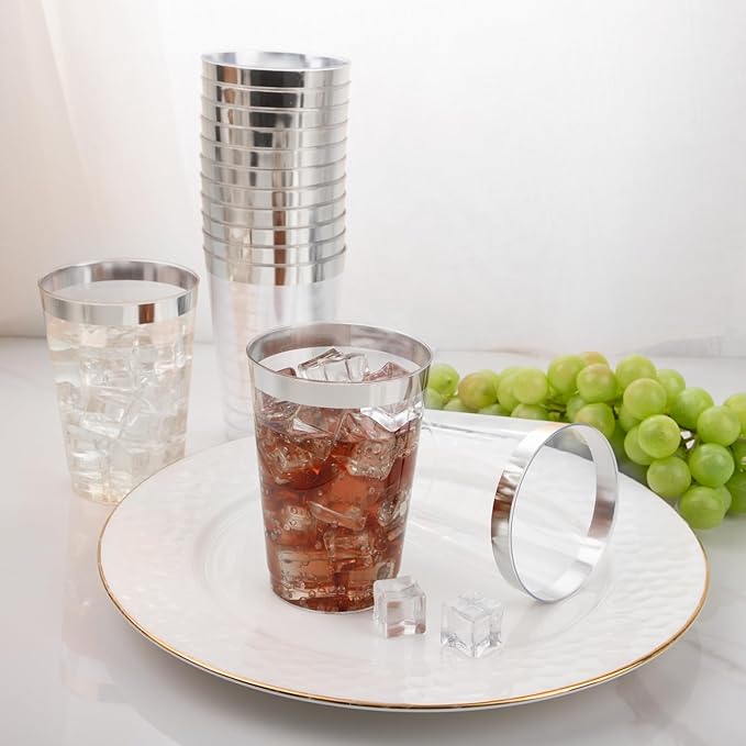 I00000 100 Pack 12 oz Silver Plastic Cups, Silver Rimmed Disposable Cups, Party Wine Glasses Cocktail Glasses Premium Cups with Silver Rim, 12 Ounce Plastic Tumblers For Party - Bloomnest