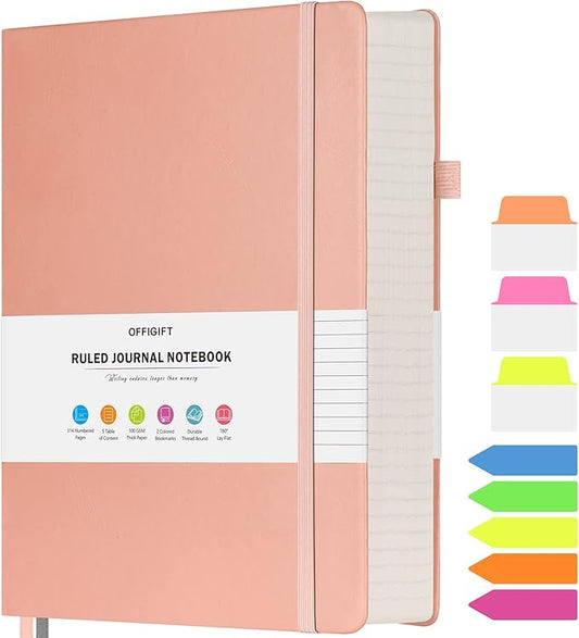 Lined Journal Notebook, Large A5 College Ruled Notebook, 312 Numbered Pages Work Notebook with Index Stickers, 100gsm Thick Paper, Hardcover Vegan Leather Journal for Women Men School Office, Pink - Bloomnest