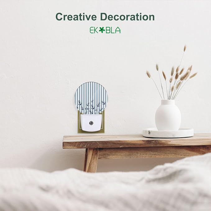 EKOBLA Watercolor Anchor LED Night Light Blue and White Stripes Nautical Coastal Dusk to Dawn Plug-in Nightlights Auto Sensor for Home Indoor Bathroom Hallway Kitchen - Bloomnest