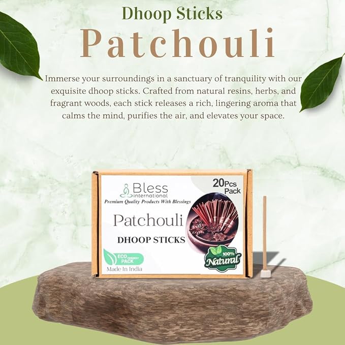 Bless-International Patchouli-100%-Natural-Incense-Bambooless-Dhoop-Sticks Handmade-Organic-Chemicals-Free for-Purification-Relaxation-Positivity-Yoga-Meditation The-Best-scents-4.5-Inches-20-Sticks BlessInternational