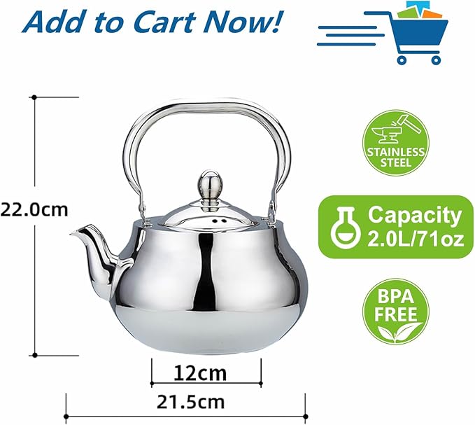 SANQIAHOME Stainless Steel Teapot With Removeable Infuser 71 oz (2000ml) Thickened Mirror Polished Stovetop Tea Maker for Herbal and Infusion - Bloomnest