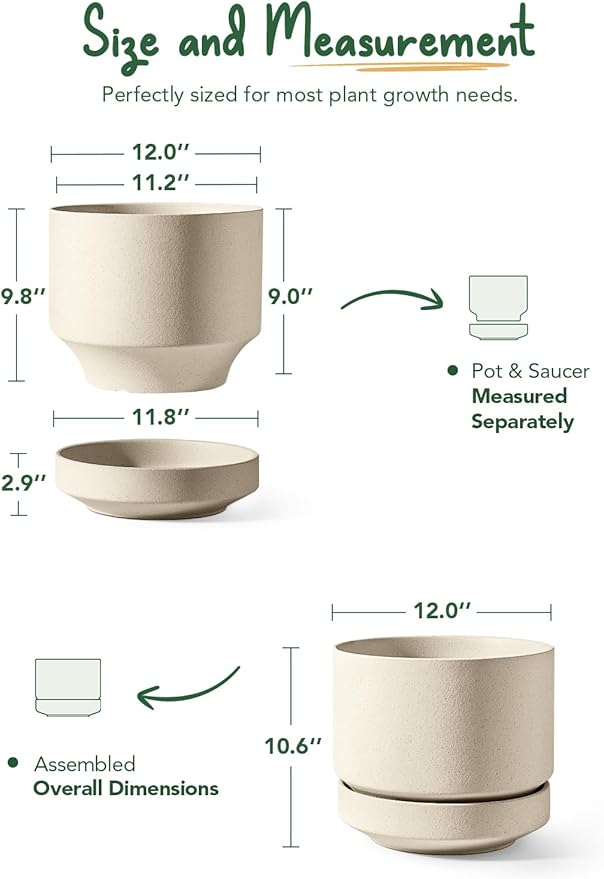 LE TAUCI 12 Inch Pots for Plants with Saucer | Ceramic Outdoor & Indoor Planter Pot for Plants | Drainage Hole, Mesh Pad & Plug | Unglazed Porous | Modern for Home, Office and Patio – Speckled Oat - Bloomnest