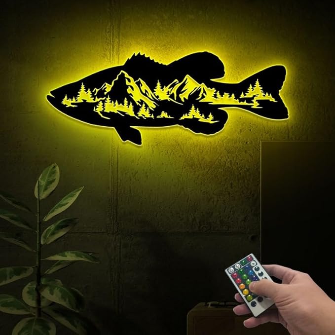 Personalized Neon Sign, Black Bass Mountain Metal Wall Art Led Light, Fishing Gifts for Men, Gift for Dad, Fish and Trees Sign, Cabin Lodge Decor, Fisherman Gift - Bloomnest