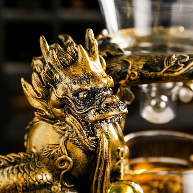 Glass Teapot Set with Infuser Semi Automatic Dragon Tea Set with 6 Small Cups (golden dragon) - Bloomnest