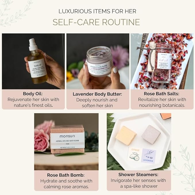 Self Care Gift Basket for Mom: New Mommy Care Package Pampering Gift Set with Bath Accessories and Natural Skincare Products. Our Spa Day Kit for Women is the ideal Birthday Gift Basket for her. - Bloomnest