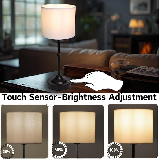 Rechargeable Table Lamp, Cordless Touch Lamps, Portable Desk Light with Stepless Dimmable Brightness & Fabric Shade for Nightstand Bedside Living Room (Black, Straight) - Bloomnest