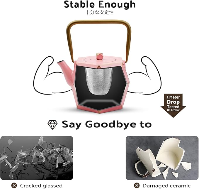 Toptier Cast Iron Teapot, Stovetop Safe Japanese Cast Iron Tea Kettle, Diamond Design Tea Pot with Removable Infuser for Loose Tea, 30 Ounce (900 ml), Pink - Bloomnest